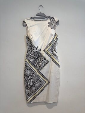 Cache White Sleeveless Midi Dress with Black Print and Yellow Trim